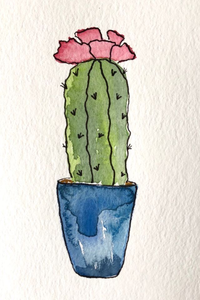 Cactus-with-flower-in-pot-watercolor-painting-simple